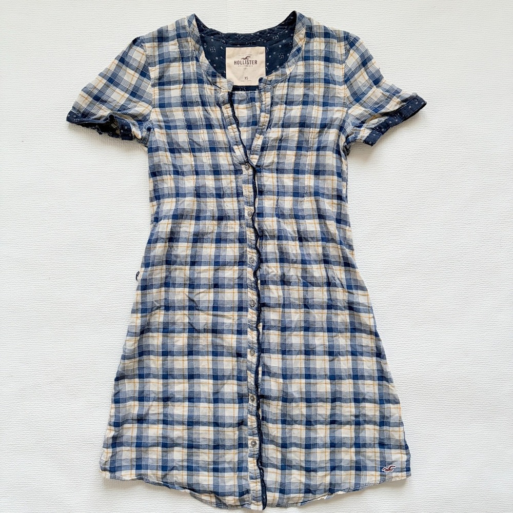 Hollister Plaid Button Down Dress Blue White Yellow XS